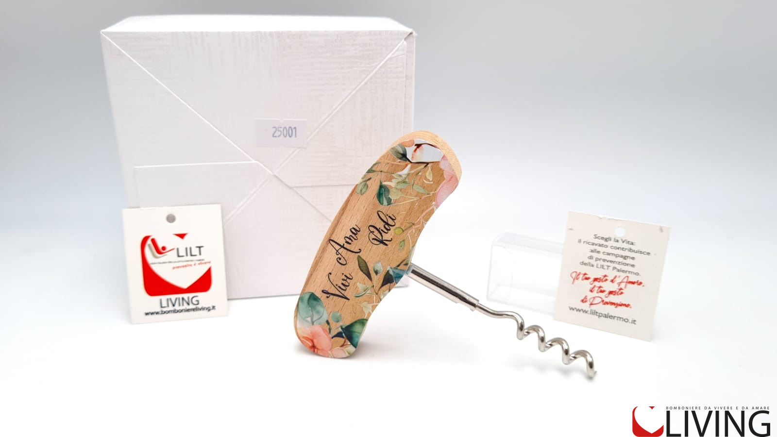 Bomboniera linea solidale LILT-LIVING cavatappi Vivi Ama Ridi